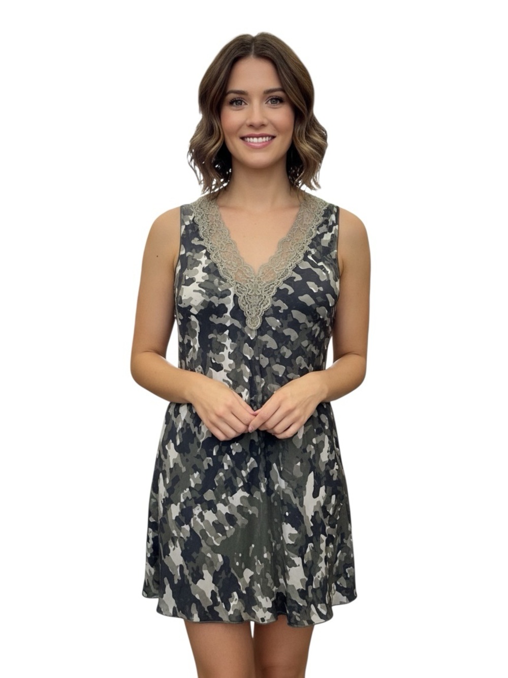 Marc Aurel Olive Camo Lace-Trim V-Neck Sleeveless Tunic Size M